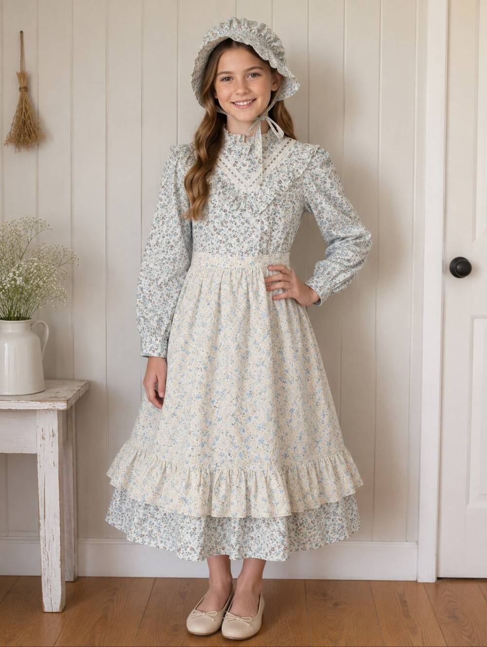 Girl's Floral Prairie Colonial Long Sleeve Pioneer Dress Apron Bonnet 8-10